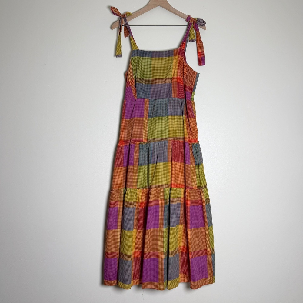 Time and Tru Womens Cotton Tiered Midi Dress M Multi Plaid Tie Shoulder Artsy
